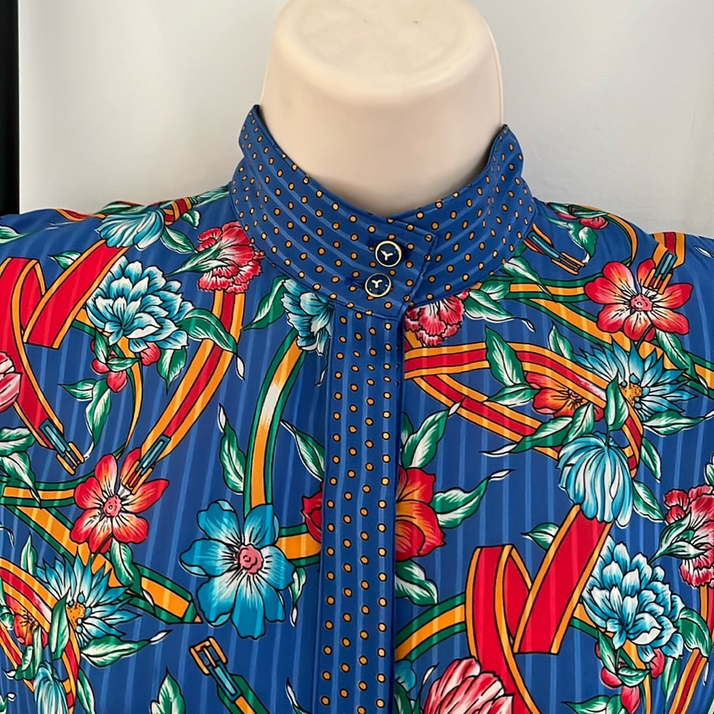 Vintage 80s Diane Freis Blouse Top Floral Blue Buttons Up 3/4 sleeve Empire Y2K